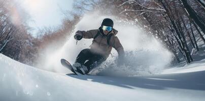 AI generated aerial photo of an adult snowboarding