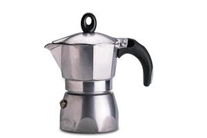 Side view of classical kitchenware moka pot coffee maker isolated on white background with clipping path. photo