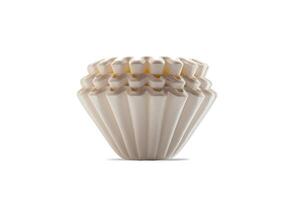 Side view closeup stack of new unbleached basket-type disposable paper coffee filters isolated on white background with clipping path. photo