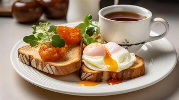 AI generated English breakfast, with neatly arranged ingredients on a white plate photo