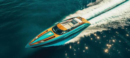 AI generated aerial photo of a speed boat in the ocean