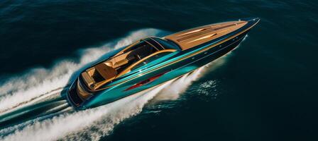 ai generado aéreo foto de un velocidad barco en el Oceano