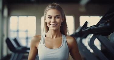 ai generado joven mujer hacer ejercicio en un gimnasio foto