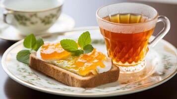 ai generado Inglés desayuno, con pulcramente arreglado ingredientes en un blanco plato foto