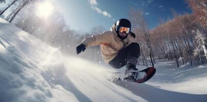 AI generated aerial photo of an adult snowboarding