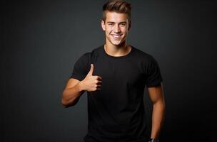 AI generated young man showing thumbs up in dark t shirt photo