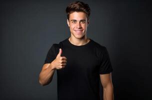 AI generated young man showing thumbs up in dark t shirt photo