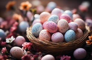 ai generado un Pascua de Resurrección cesta lleno con de colores huevos, un tradicional símbolo de el fiesta foto