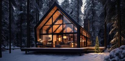 ai generado un de madera cabina en el nieve cubierto bosque foto