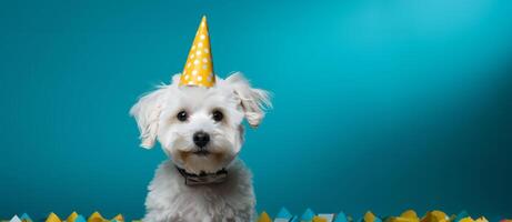 ai generado un blanco perro en un fiesta sombrero foto