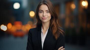AI generated young pretty businesswoman wearing black jacket, smiling while holding arms folded photo