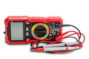 Side view of red portable digital multimeters or multitester with test leads and probes on white background contain clipping path. photo