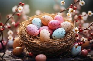 ai generado un Pascua de Resurrección cesta lleno con de colores huevos, un tradicional símbolo de el fiesta foto