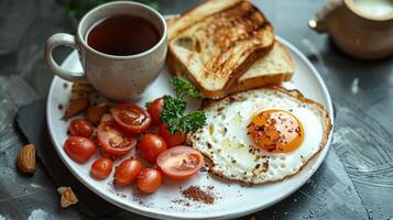 ai generado un elegante Inglés desayuno presentación, presentando pulcramente arreglado ingredientes en un blanco plato foto