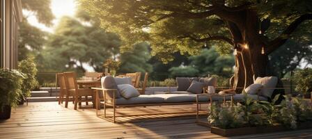 AI generated a wooden deck with outdoor furniture near a large tree photo