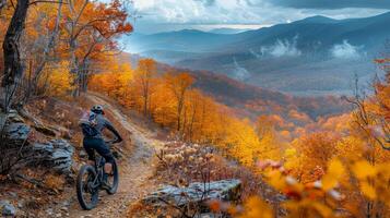 AI generated cyclist riding through a rugged mountain trail, with vibrant autumn foliage creating photo