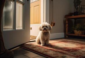 AI generated a dog sits on a rug in front of open door photo