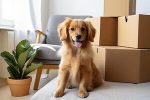 AI generated a dog sitting in front of moving boxes in modern apartment photo