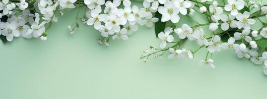 AI generated a green backdrop with white flowers and flowers photo