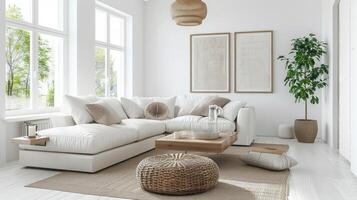 ai generado un brillante y aireado vivo habitación con blanco paredes, un neutral sofá foto