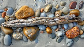 AI generated A minimalist composition of a rocky shoreline, with smooth pebbles scattered on the sand photo