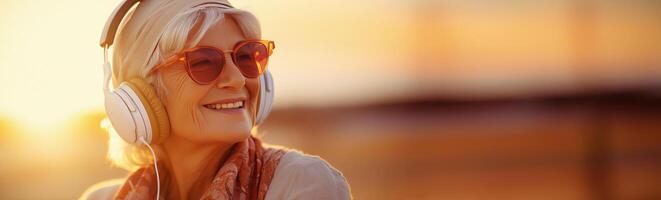 AI generated senior woman in hat with listening to music on headphones at the beach with background sun photo