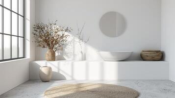 ai generado un minimalista baño con un limpiar blanco color esquema, un sencillo vanidad foto