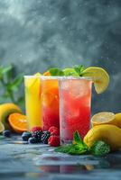 AI generated A minimalist arrangement of colorful summer drinks like lemonade and fruit smoothies photo