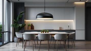 AI generated A minimalist dining area with a sleek table, modern chairs, and a statement lighting fixture photo