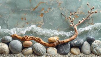 AI generated A minimalist composition of a rocky shoreline, with smooth pebbles scattered on the sand photo