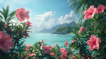 AI generated A minimalist composition of a tropical paradise, featuring lush greenery, exotic flowers photo