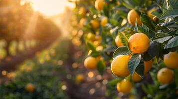 ai generado un agrios arboleda, con filas de naranja y limón arboles extensión dentro el distancia foto