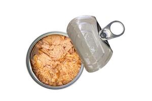 Top view of open tin can of preserved tuna fish in vegetable oil isolated on white background with clipping path. photo