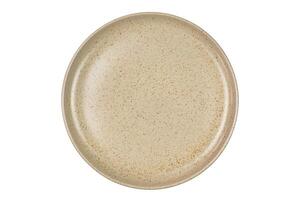 Top view of single empty round spotted brown ceramic plate isolated on white background with clipping path. photo
