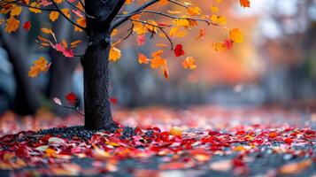 AI generated autumn leaves, with a few colorful leaves scattered on the ground photo