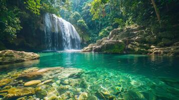 ai generado un cascada, con claro como el cristal agua cascada terminado rocas dentro un sereno piscina abajo foto