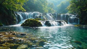 AI generated a waterfall, with crystal-clear water cascading over rocks into a serene pool below photo