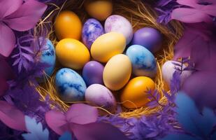 AI generated a nest filled with painted easter eggs on yellow background photo