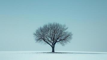 ai generado solitario árbol en pie en contra un claro cielo, sus ramas alcanzando fuera en un escaso foto