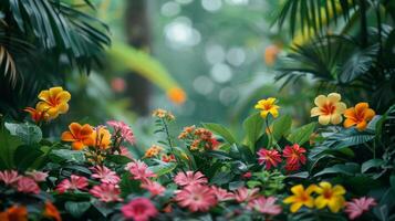 ai generado un tropical flor jardín, con exótico floraciones y lozano follaje, creando un vistoso foto