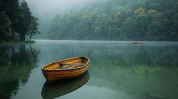 AI generated tranquil lake, with clear water reflecting the surrounding trees and a single boat floating photo