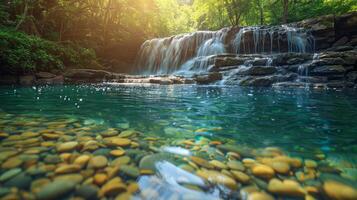 ai generado un cascada, con claro como el cristal agua cascada terminado rocas dentro un sereno piscina abajo foto