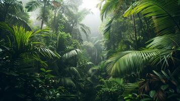 AI generated A tropical rainforest, characterized by towering trees and dense greenery photo