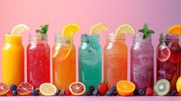 AI generated A minimalist arrangement of colorful summer drinks like lemonade and fruit smoothies photo