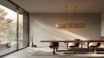 AI generated A minimalist dining area with a sleek table, modern chairs, and a statement lighting fixture photo