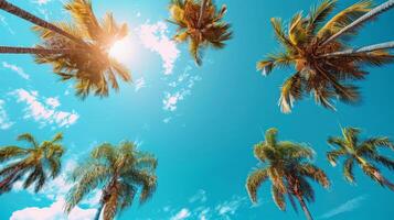 AI generated A minimalist composition of tall palm trees against a bright blue sky photo