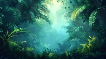 AI generated tropical rainforest, with towering trees and dense greenery, providing a lush photo