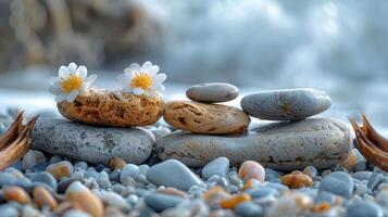 AI generated A minimalist composition of a rocky shoreline, with smooth pebbles scattered on the sand photo