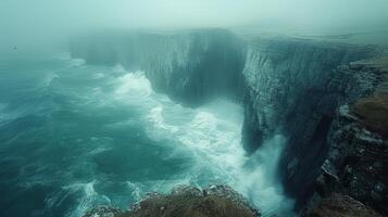 AI generated rugged coastline, with cliffs plunging into the sea and waves crashing against the rocks photo