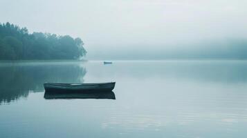 ai generado tranquilo lago, con claro agua reflejando el rodeando arboles y un soltero barco flotante foto